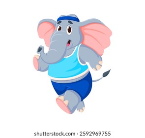 Cartoon funny elephant character dressed in sporty attire, including a blue tank top, shorts and headband, jogging enthusiastically, captures healthy lifestyle, sports, energetic and fun fitness vibe