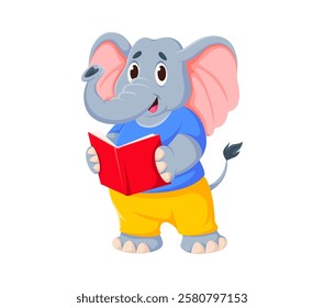 Cartoon funny elephant character holding an open book. Isolated vector cute animal elephant personage wearing a blue shirt and yellow shorts, engaged in reading, conveys a fun and educational vibe