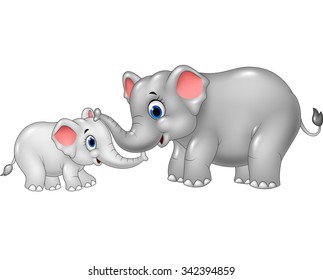 Cartoon funny elephant mother and calf bonding relationship