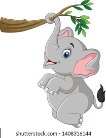 Cartoon funny elephant playing on a tree branch