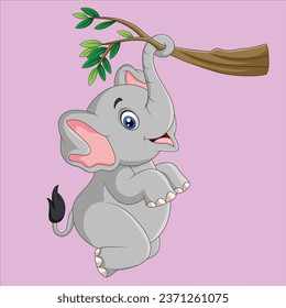 Cartoon funny elephant playing on a tree branch character design illustration