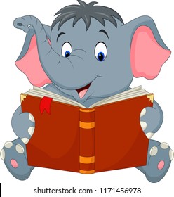 Cartoon funny elephant reading a book