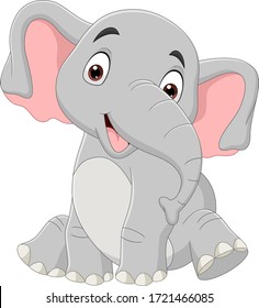 Cartoon funny elephant sitting isolated on white background 