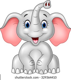 Cartoon funny elephant sitting isolated on white background