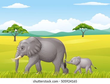 Cartoon funny elephant in the wild