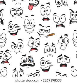 Cartoon funny emoji faces seamless pattern, giggle eye emoticons vector background. Big eye emoji pattern with silly, smiling or sad and upset expression faces, emoticons laughing and blinking