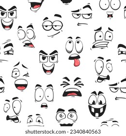 Cartoon funny emoji faces seamless pattern, funny emoticons and happy emoji, vector background. Cute smile characters pattern of cartoon kawaii emoticons laugh or scared and silly tongue for pattern