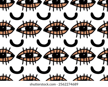 Cartoon funny eyes, face, smiling. Seamless vector pattern for design and decoration. 