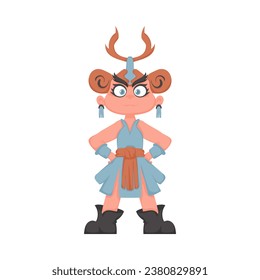 Cartoon funny and fabulous Viking warrior girl. Cartoon style