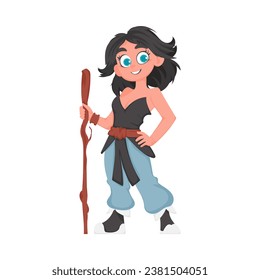 Cartoon funny and fabulous Viking warrior girl. Cartoon style