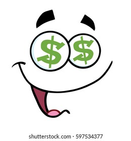 Cartoon Funny Face With Dollar Eyes And Smiling Expression.Vector Illustration Isolated On White Background