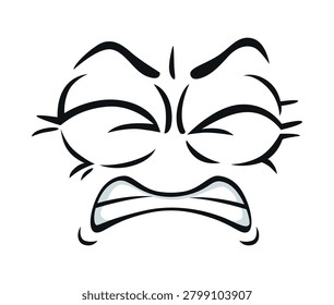 Cartoon funny face expression emoji with an angry, scowling emotion, featuring clenched teeth and furrowed brows. Cartoon vector icon for website, game, app, social media and presentations