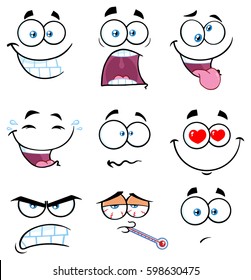 Cartoon Funny Face With Expression Set 2  Vector Collection Isolated On White