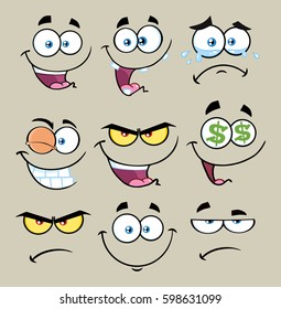 Cartoon Funny Face With Expression Set 1. Vector Collection With Gray Background