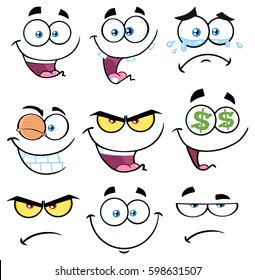 Cartoon Funny Face With Expression Set 1. Vector Collection Isolated On White