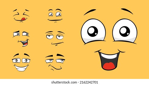 Cartoon funny face set. Big eyes and laughter emotion collection. Different expressive cute emoticons on yellow background. Vector happy emoji eps illustration
