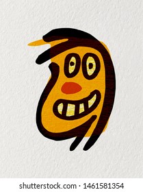 Cartoon funny face,kid drawing style Vector illustration Easy Drawings for Kids  painting with crayon on texture paper

