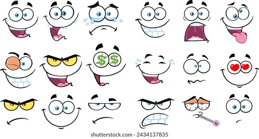 Cartoon Funny Faces Old Animation Style. Vector Hand Drawn Collection Set Isolated On Transparent Background