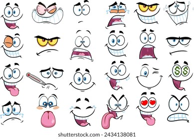 Cartoon Funny Faces Old Animation Style. Vector Hand Drawn Collection Set Isolated On Transparent Background