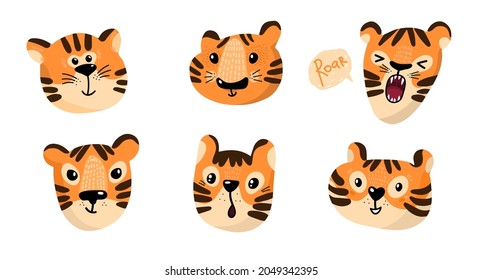 Cartoon Funny faces of tigers on white background. Tiger is symbol of 2022 New year. Vector illustration
