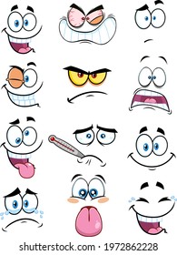 Cartoon Funny Faces. Vector Collection Set Isolated On White Background