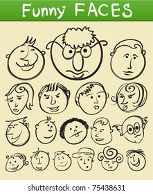 cartoon funny faces, vector doodle people