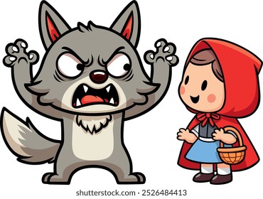 Dibujos animados divertido cuento de hadas gris lobo asusta a la niña, pequeña capucha roja