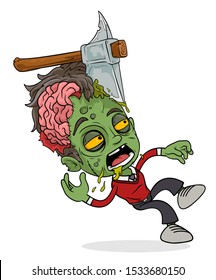 Cartoon funny falling back green zombie boy character with axe in head. Layered EPS ready for animations. Isolated on white background. Halloween Vector icon.