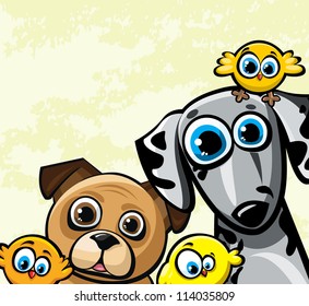 Cartoon funny family with two dog (dalmatians and pugs) and three yellow birds