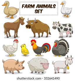 Cartoon Funny Farm Animals Colorful Set Vector Illustration