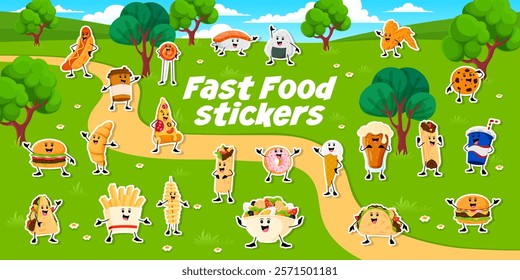 Cartoon funny fast food characters stickers pack. Fast food menu hotdog, sushi, chicken nugget, cookie and coffee, pizza, croissant, hamburger meal cartoon happy personages vector stickers collection