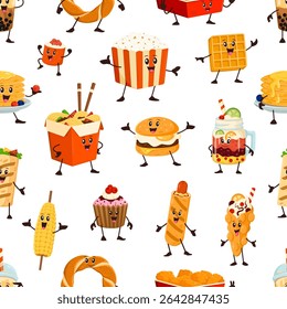 Cartoon funny fast food characters seamless pattern. Vector playful tile background with cute cheerful burger, popcorn, wafer, noodles, cupcake and drinks with smiling faces. Fun print or wallpaper