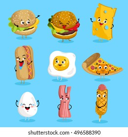 Cartoon funny fast foods characters isolated vector illustration. Funny food face icon. Fast food emoji. Funny burger, laughing cheese. Cartoon emoticon face of fast food. Gloomy bacon, sausage shy.