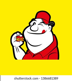 Cartoon funny fat boy with tasty tongue out holding burger character illustration