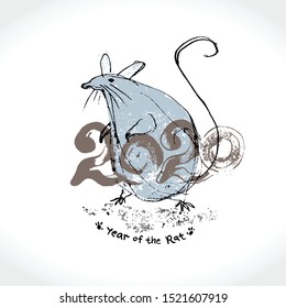 Cartoon funny fat Rat 2020. Handwritten careless brush draw template with the inscription 2020 and Rat. Imitation of painting with brush and black ink. New Year on the Chinese calendar.
