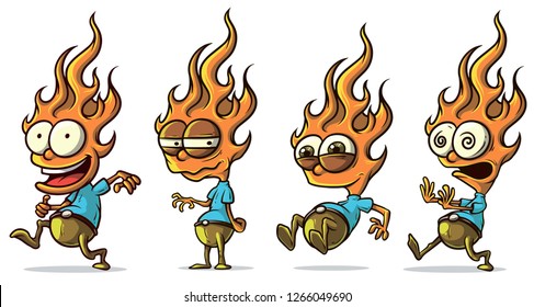 Cartoon funny fire character in different poses. Running, falling, crazy, bored. Isolated on white background. Vector icon set.