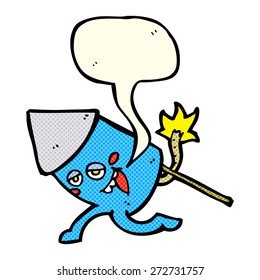 cartoon funny firework character with speech bubble