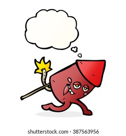 cartoon funny firework character with thought bubble