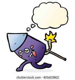 cartoon funny firework character with thought bubble