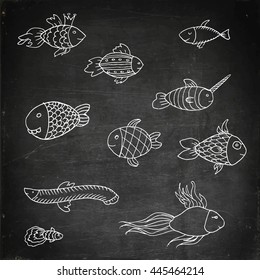 Cartoon funny fish. Hand drawn fish vector stock illustration. Doodle fish. Funny fish. Vector fish. Fish set. Sea fish. River fish. Ocean fish. Sketch fish. Drawn fish. Chalk board drawing fish.