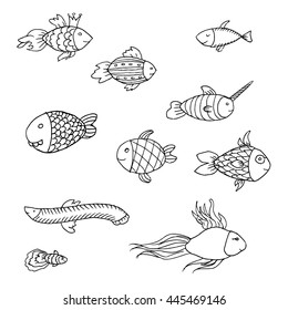 Cartoon funny fish. Hand drawn vector stock illustration. Black and white whiteboard drawing.