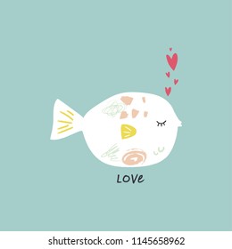 Cartoon funny fish in love. Scandinavian style, unique print for nursery posters, cards, mugs, clothes and other. Vector Illustration, clipart.