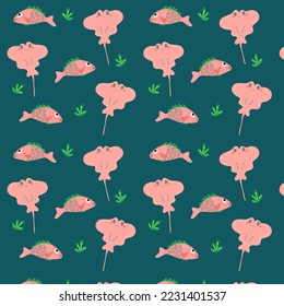 Dibujo divertido patrón de peces. Patrón con pescado rosa y estingrays para tejidos, textiles, papel pintado, papel de envoltura, ropa para niños.

