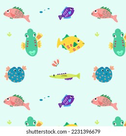 Dibujo divertido patrón de peces. Patrón con pescado de mar para telas, textiles, papel pintado, papel de envoltura, ropa para niños.

