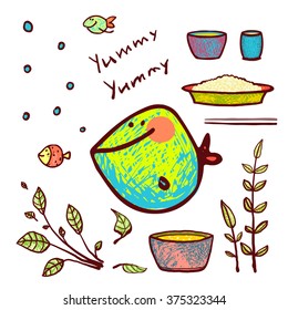 Cartoon Funny Fish Seafood Ingredients Card Design Hand Drawn. Hand drawn colorful fish and greens lettering yummy. Pencil style. EPS10 vector has no background color.
