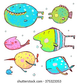 Cartoon Funny Fish Set for Children Hand Drawn. Fun cartoon hand drawn colorful fish illustrations set. Pencil style. EPS10 vector has no background color.