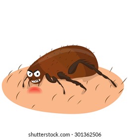 Cartoon Funny Flea Illustration On A White Background. Flea Sitting On The Skin. Flea Bite Illustration