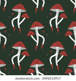 Cartoon funny fly agaric mushrooms groovy whimsical seamless pattern art. Doodle cute woodland fungi nature environment characters background. Hand-drawn bohemian wrapping paper. Scandinavian magic