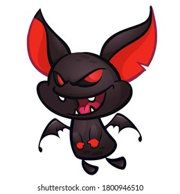 Cartoon funny flying bat. Halloween vector bat vampire with grim expression