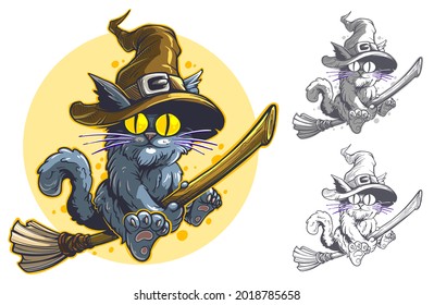 Cartoon funny flying cat with big yellow eyes on broom in witch hat. Halloween vector postcard with moon on background.